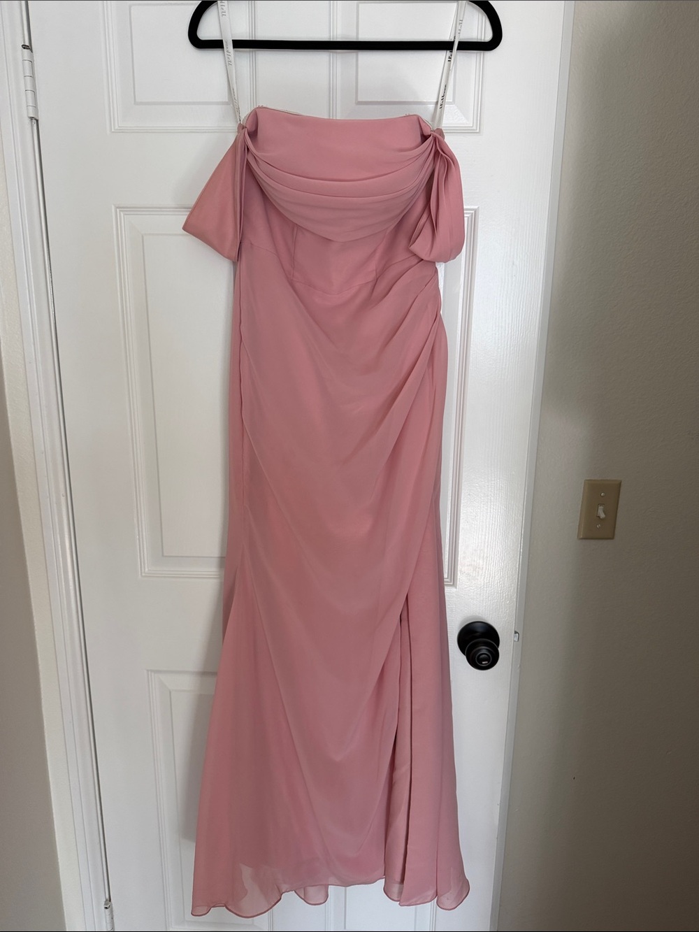 JJs House Dusty Rose Off-Shoulder Draped Chiffon Gown